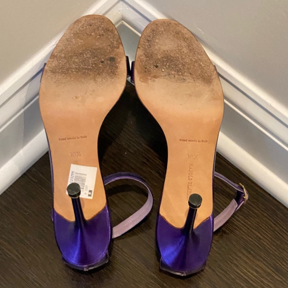 Manolo Blahnik Chaos Purple Metallic Ankle Strap Stiletto Heels 38.5 - Picture 4 of 9